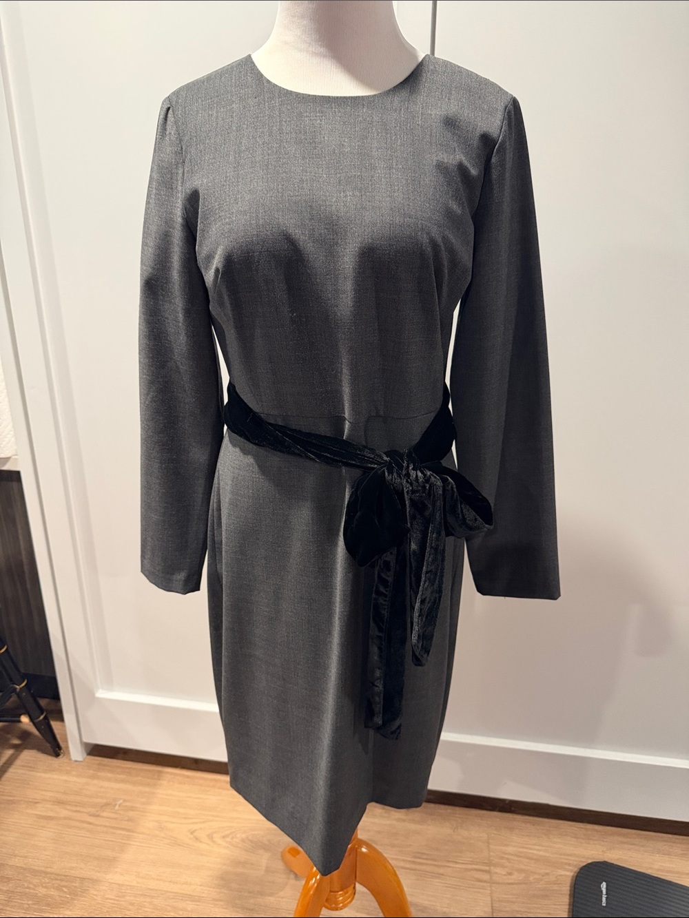 J. Crew Gray Long-Sleeve Sheath Dress with Black Velvet Tie